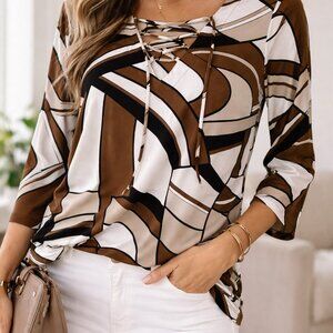 Chico’s Size 1 Abstract Print Lace-Up Brown Black Cream 3/4 Sleeve Stretch Top